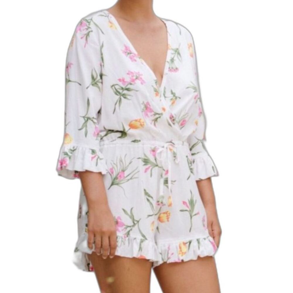 Piyama Women's Harper White Pink Floral Surplice Ruffled 3/4 Sleeve Romper Sz S